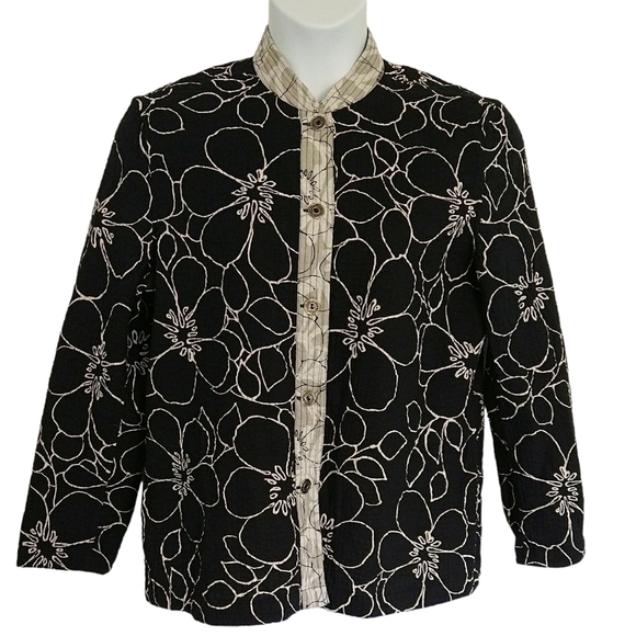 Chico's Additions 100% Cotton Black White Floral Button-Up Lightweight Jacket - Picture 1 of 7